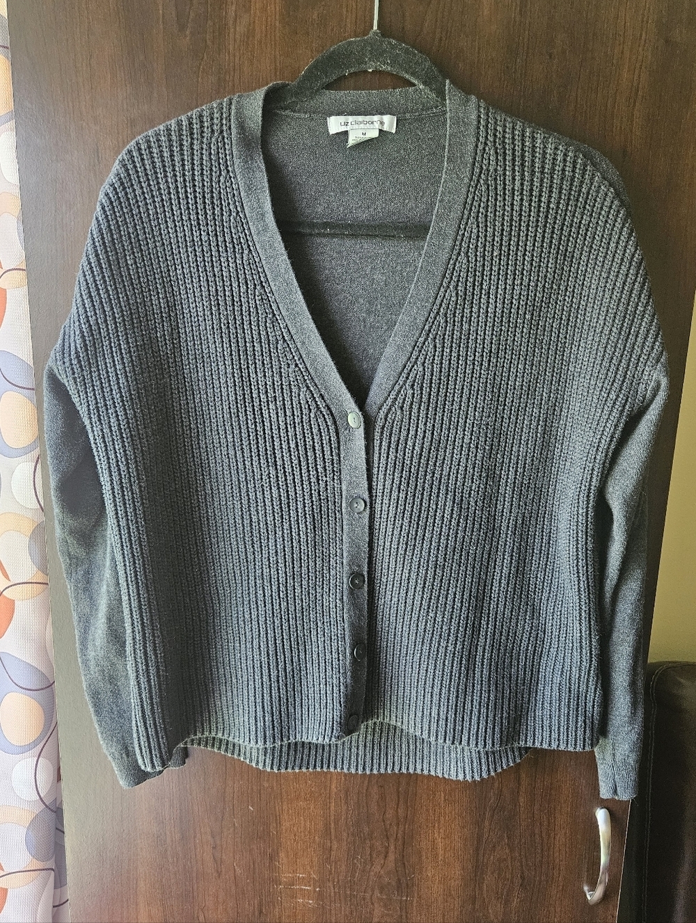 Liz Claiborne Charcoal Gray Ribbed V-Neck Button Front Cardigan Size Medium